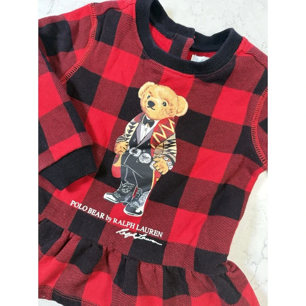 Ralph Lauren Polo Baby Girl Bear Top Dress Red Black Flannel Buffalo Check 12M
